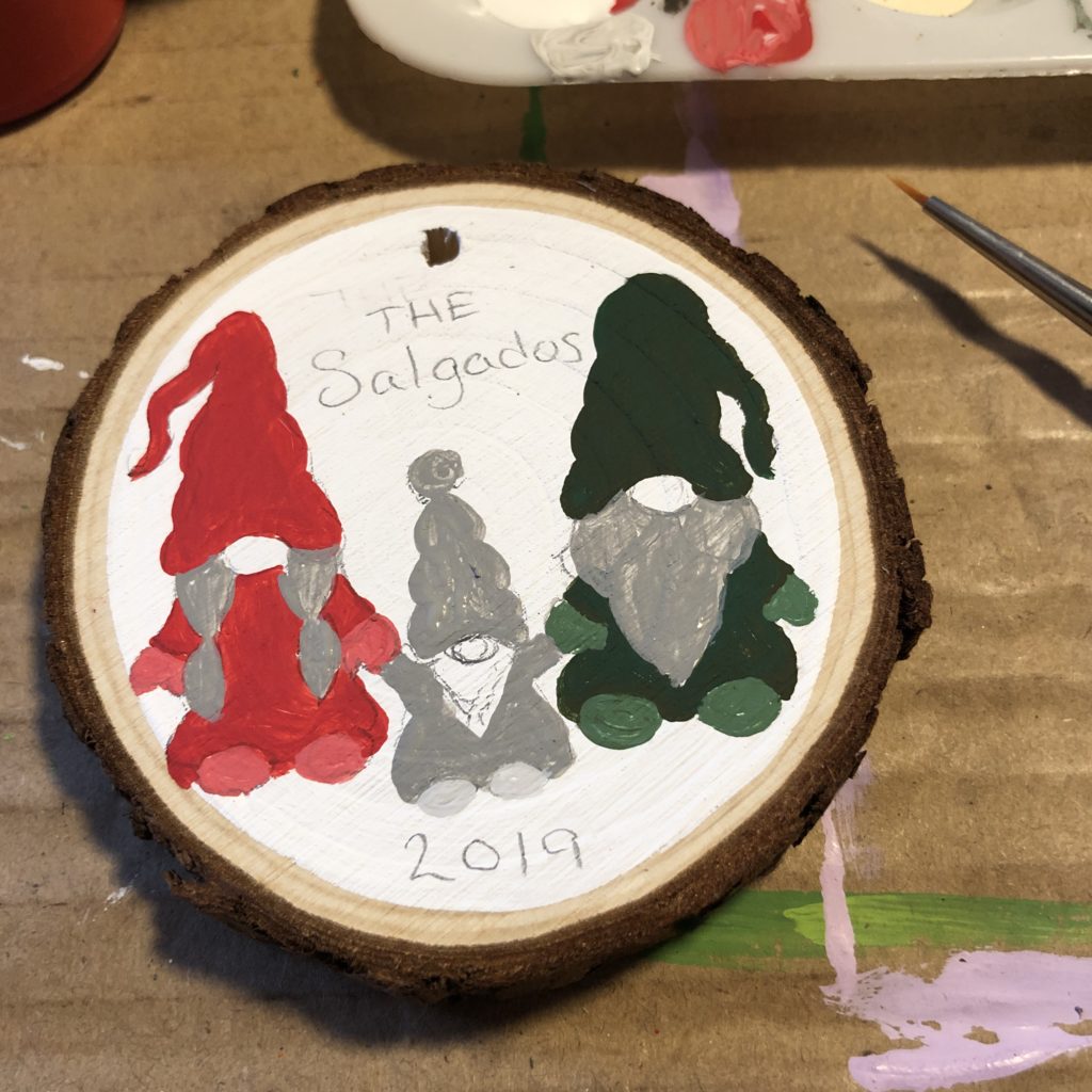 tiny hand painted gnome family wood ornament