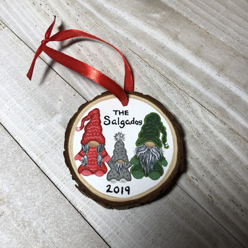 tiny hand painted gnome family wood ornament