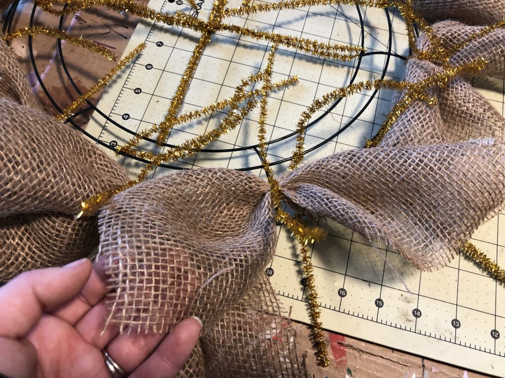 Burlap Sunflower Wreathe Tying the sections