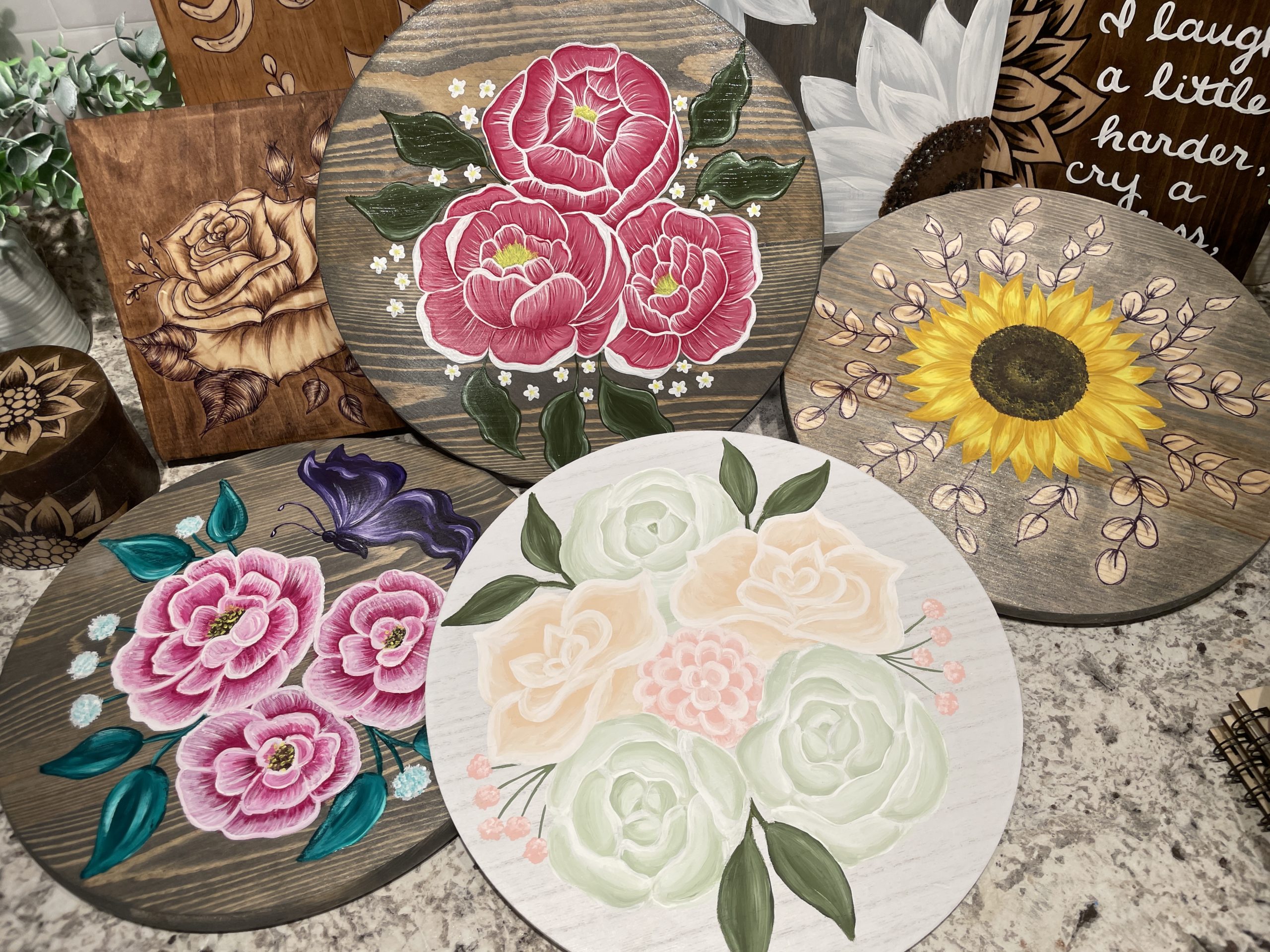 Floral Painted Wood Rounds - Kristy's Handmade Creations