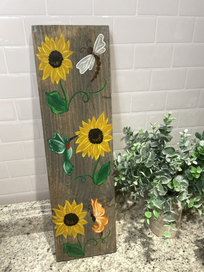 Painted Sunflowers, Hummingbird, Butterfly and Dragonfly Wood Sign