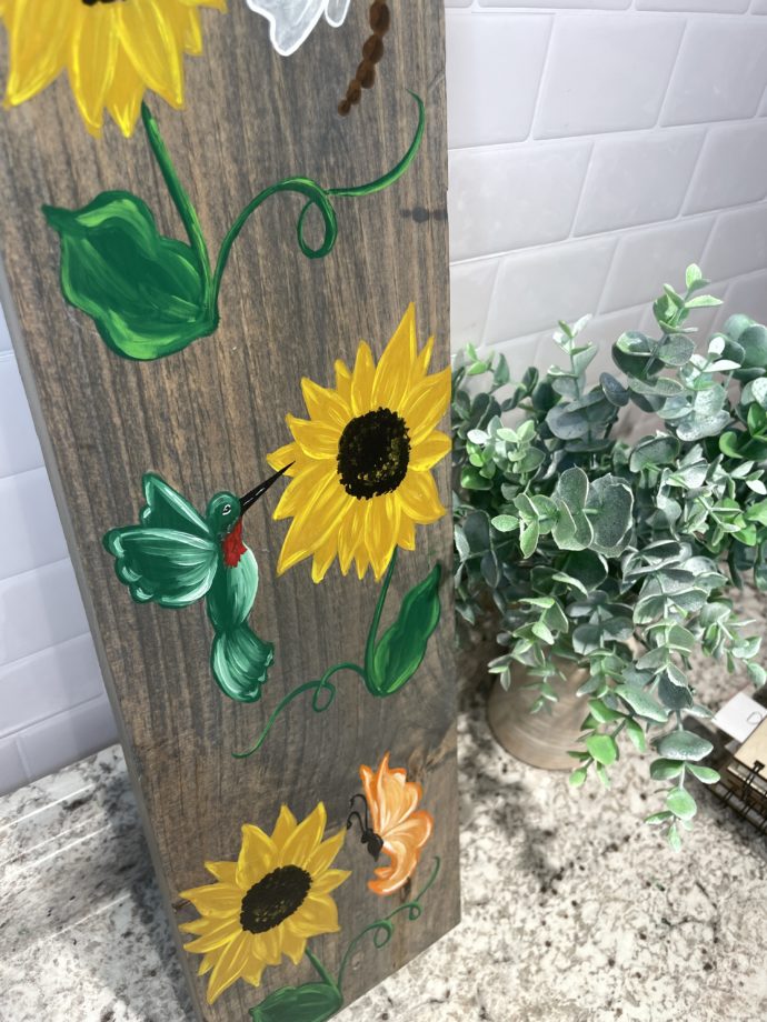 Painted Sunflowers, Hummingbird, Butterfly and Dragonfly Wood Sign