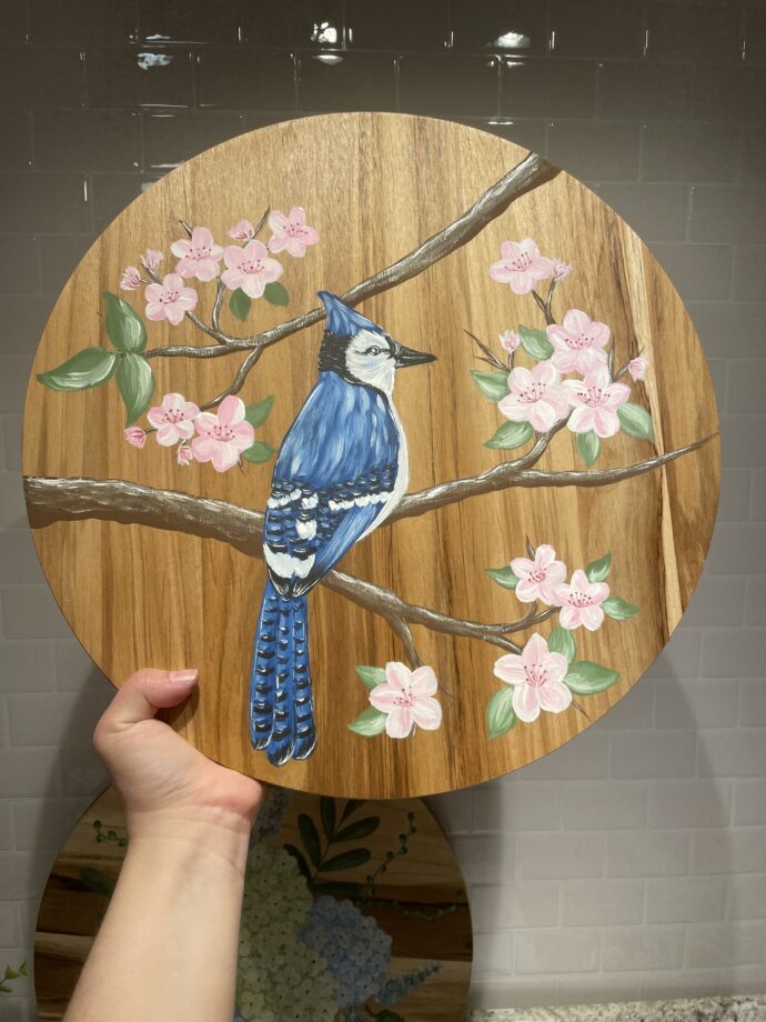 Custom Painted Bird Floral Wood Round - Image 4