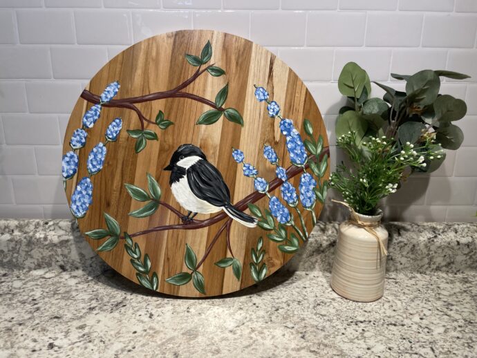 Custom Painted Bird Floral Wood Round - Image 3