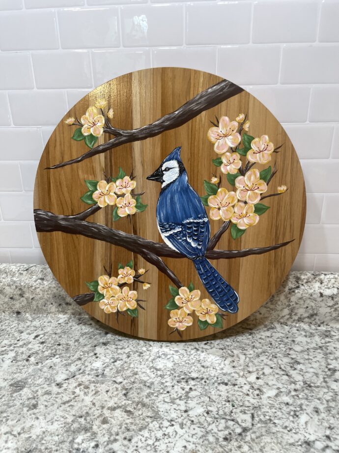 Custom Painted Bird Floral Wood Round - Image 2