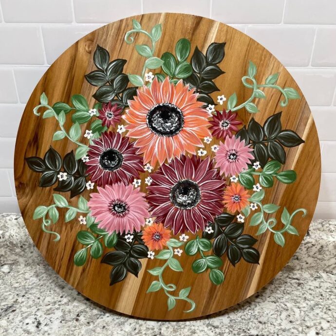 Summer Love Painted Gerber Daisies Floral Lazy Susan Wood Round