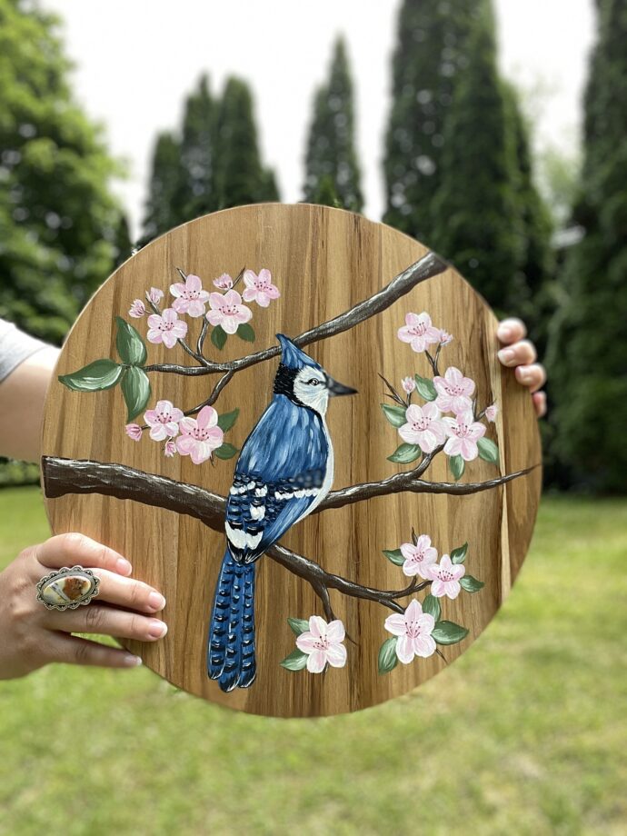 Custom Painted Bird Floral Wood Round